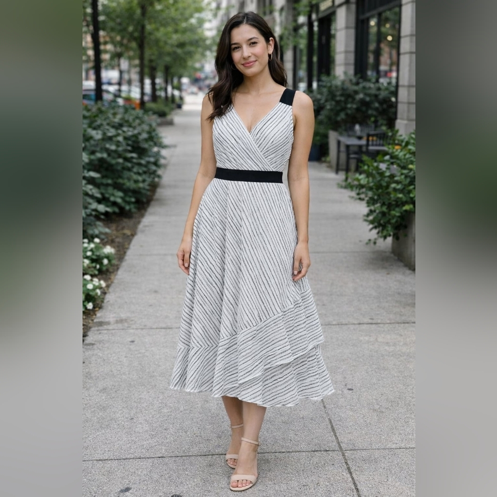 DKNY Womens Striped Wrap Dress With Ruffle Hem & Tie Waist White & Navy Size 6 C